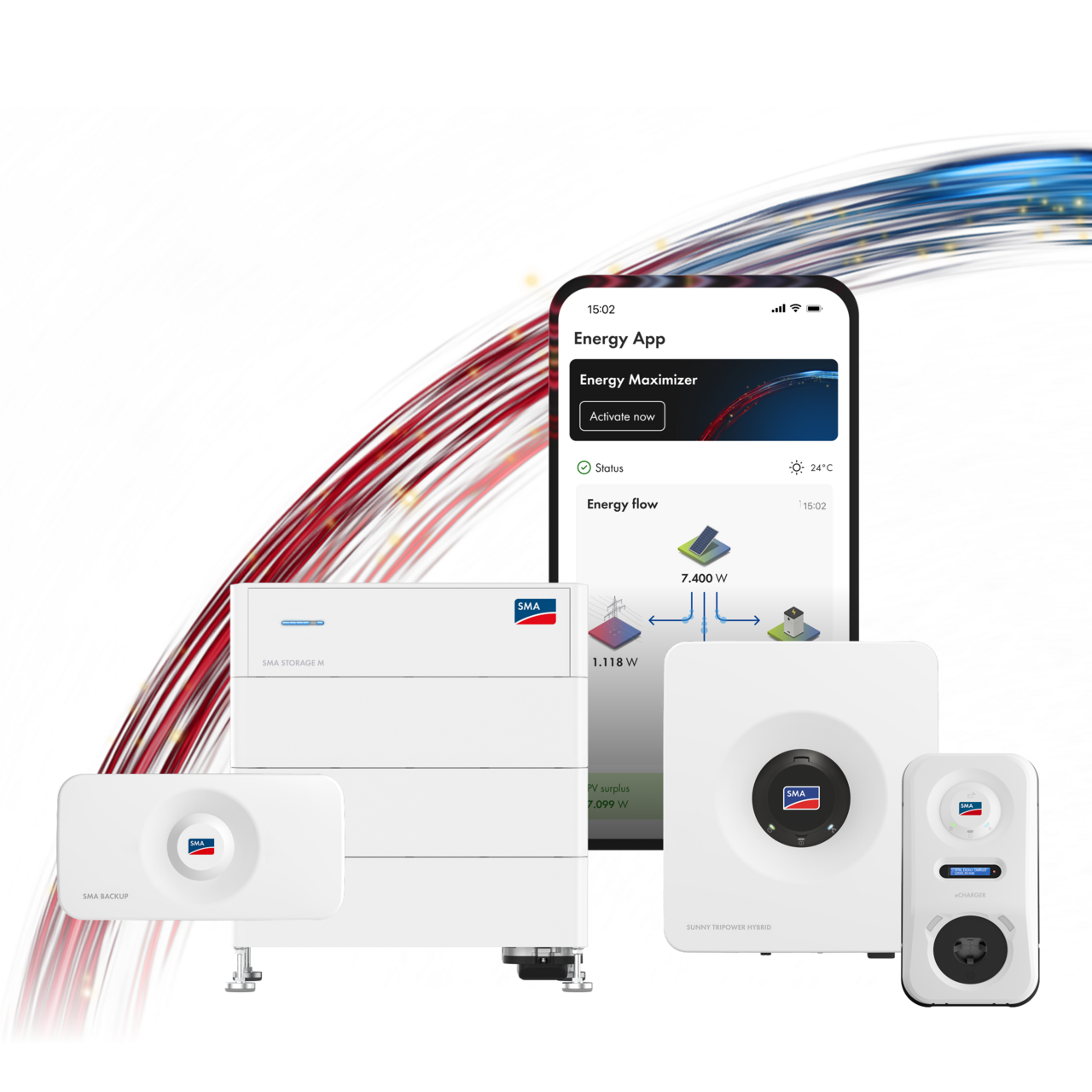 SMA Home Energy Solution avec application SMA Energy, onduleur, batterie et solution de recharge pour véhicule électrique