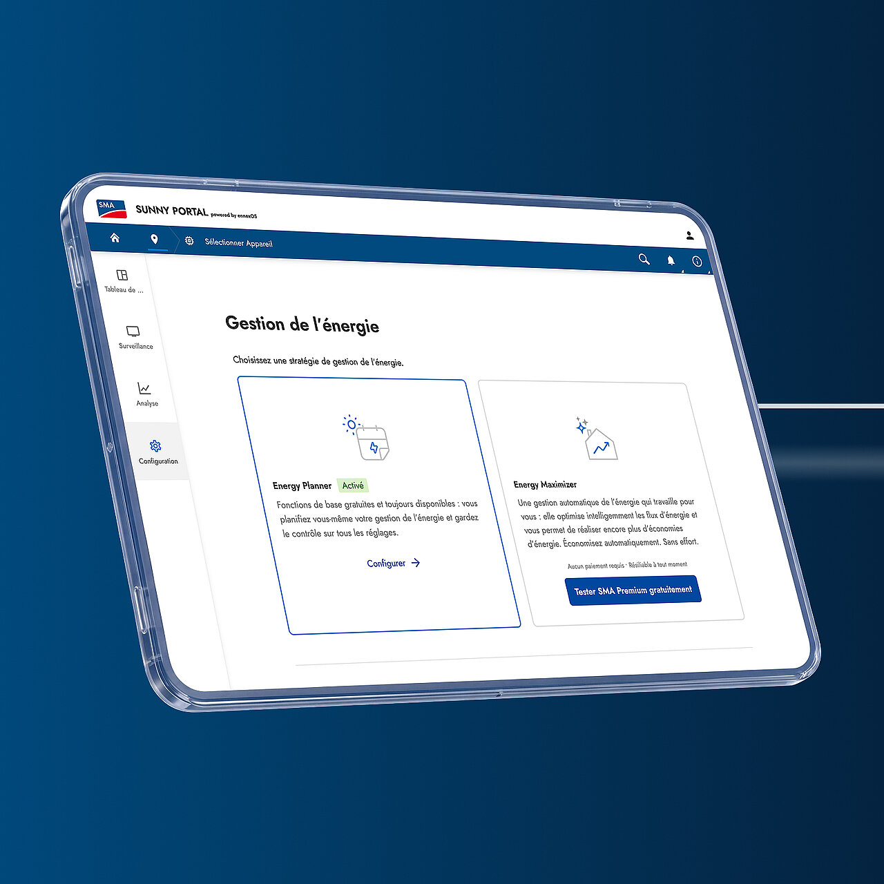 Tablet displaying the Sunny Portal with Energy Planner and Energy Maximizer.