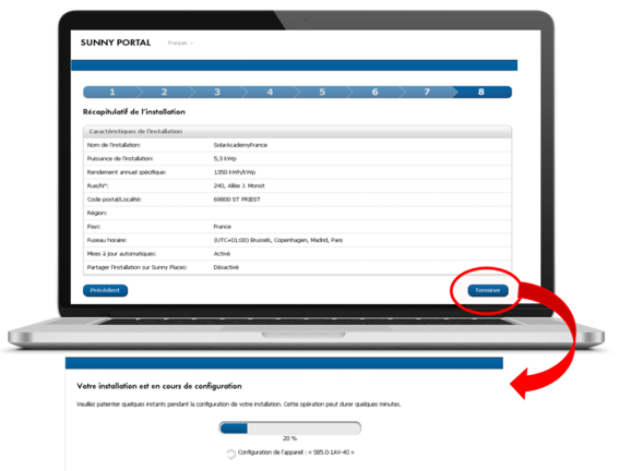 Terminer la configuration du monitoring de l‘onduleur - Sunny Portal