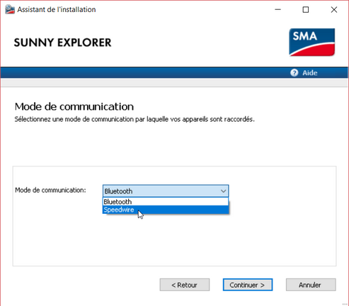 Sunny Explorer : Vous sélectionnez comme type de communication « Speedwire »
