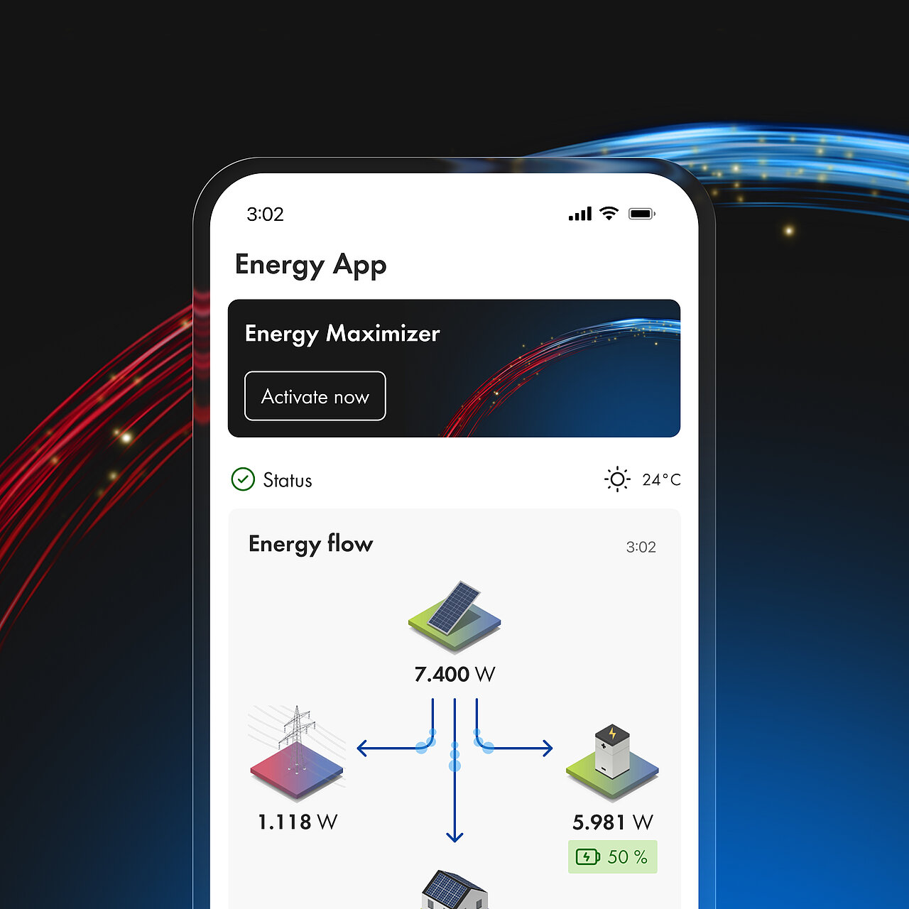 Smartphone affichant l'application SMA Energy avec les flux d'énergie entre installation solaire, batterie et consommation domestique