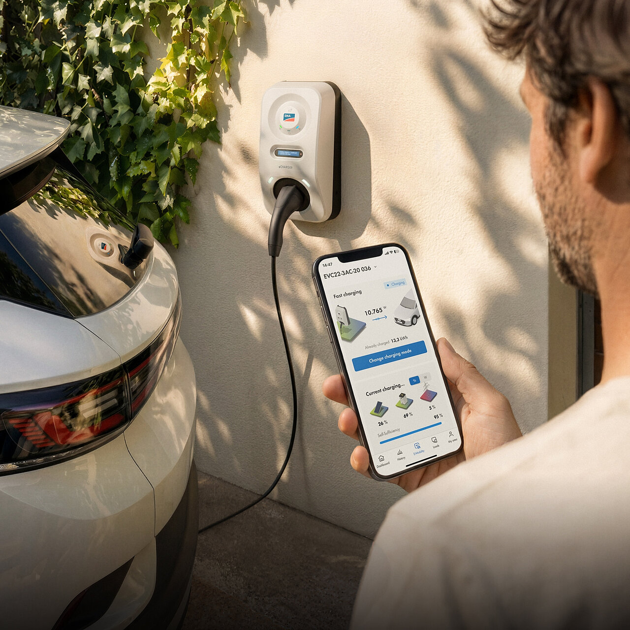 Smartphone contrôlant la recharge d'un véhicule électrique via une borne SMA