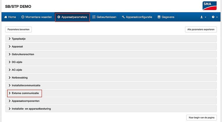 Vous trouverez le serveur Modbus dans les paramètres de l'appareil
