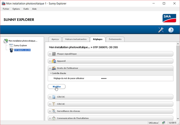 Sunny Explorer : Modifiez le mot de passe standard 0000 en choisissant un autre plus sûr.
