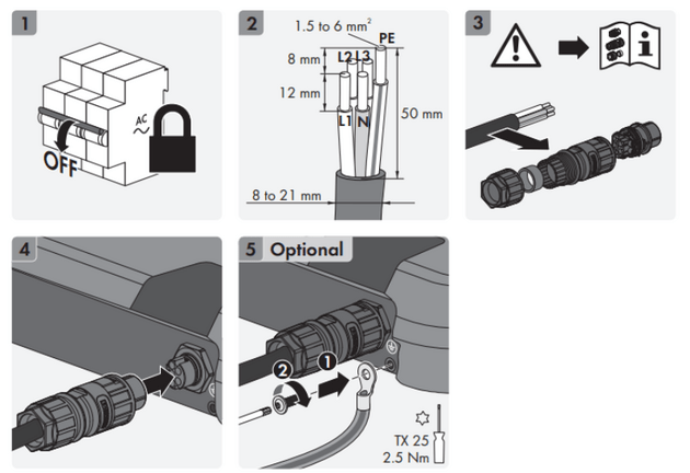 Branchez les connecteurs Sunclix au fil du module photovoltaïque et enclenchez les 4 connecteurs sur l’onduleur, comme vous pouvez le voir sur les croquis 2 et 3 du diagramme ci-dessous