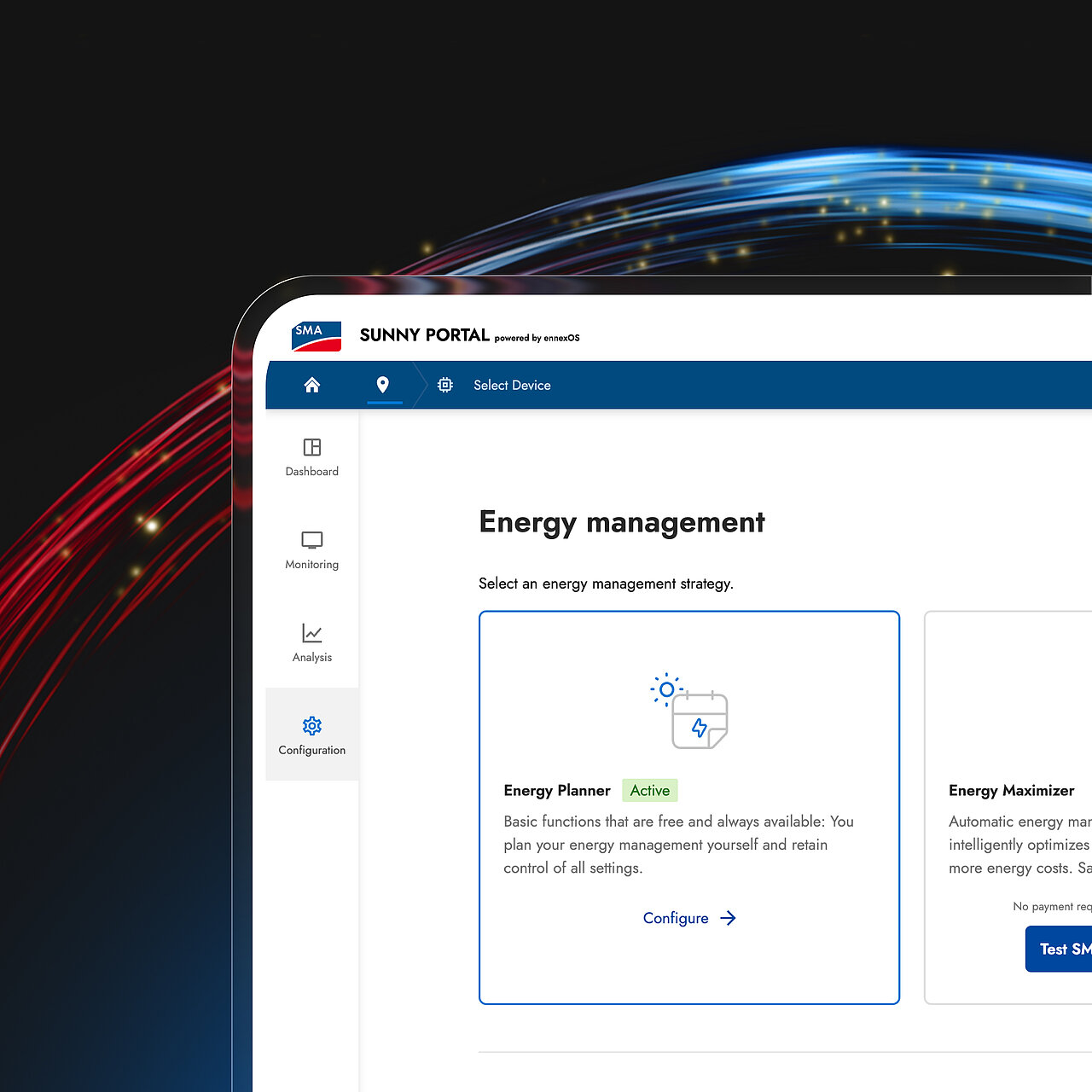 A screenshot of a tablet displaying the Sunny Portal on the screen, showing the choice between Energy Planner and Energy Maximizer for smart energy management.